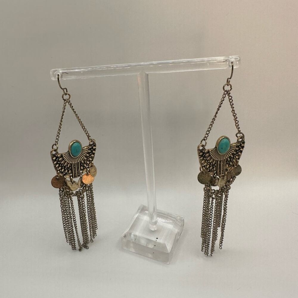 Western Blue Gold tone Turquoise Dangle Chandelier Statement Earrings Boho - Picture 7 of 9